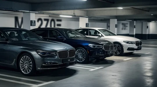 Berlines de luxe garées dans un parking souterrain élégant