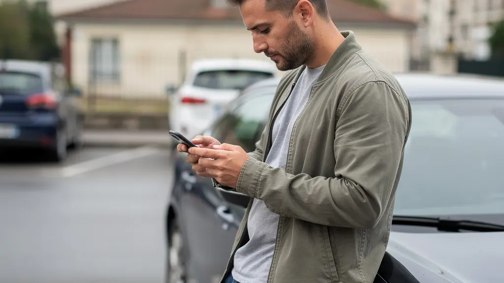Homme consultant son téléphone pour comparer des devis d'assurance auto près de sa voiture