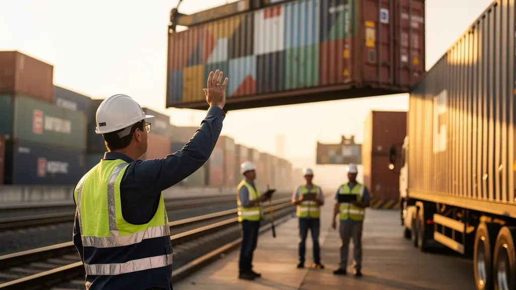 Terminal intermodal avec conteneurs transbordés entre trains et camions