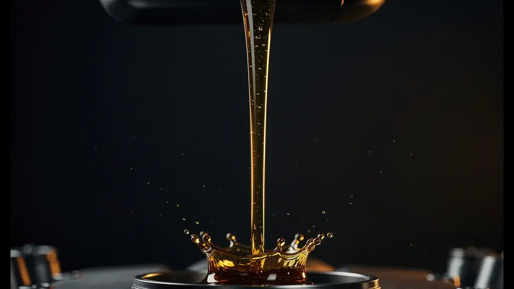 Filet d'huile moteur dorée coulant lentement, symbolisant la viscosité à froid et l'importance de la lubrification pour protéger un turbo au démarrage