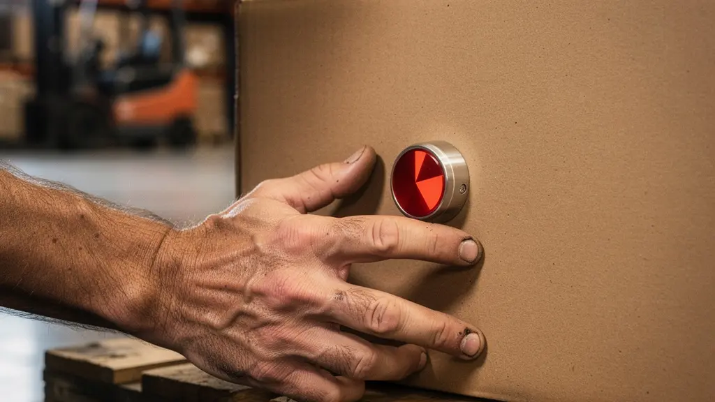 Vue en très gros plan d'un indicateur de choc rouge collé sur un emballage de palette, révélant un impact subi pendant le transport
