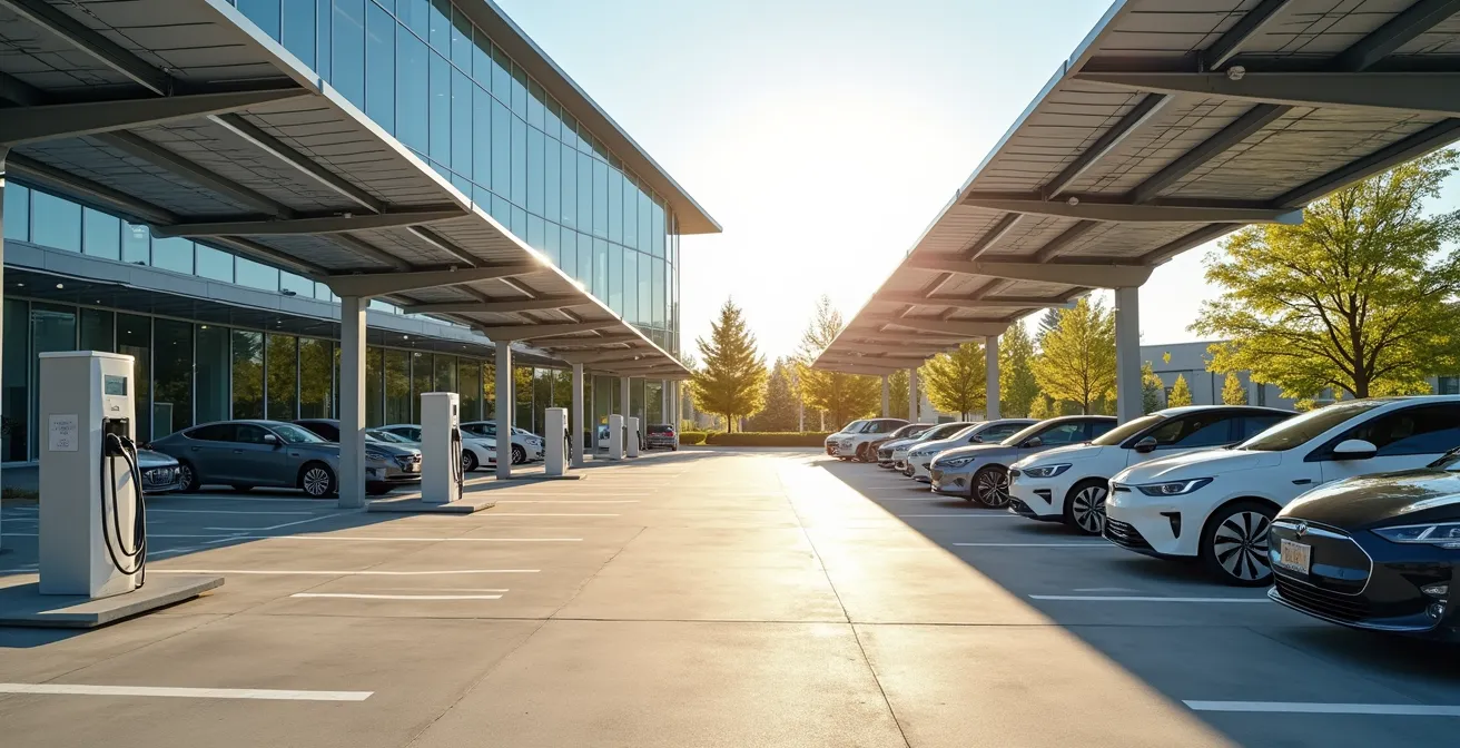 Parking d'entreprise moderne avec ombrières solaires et bornes de recharge électrique