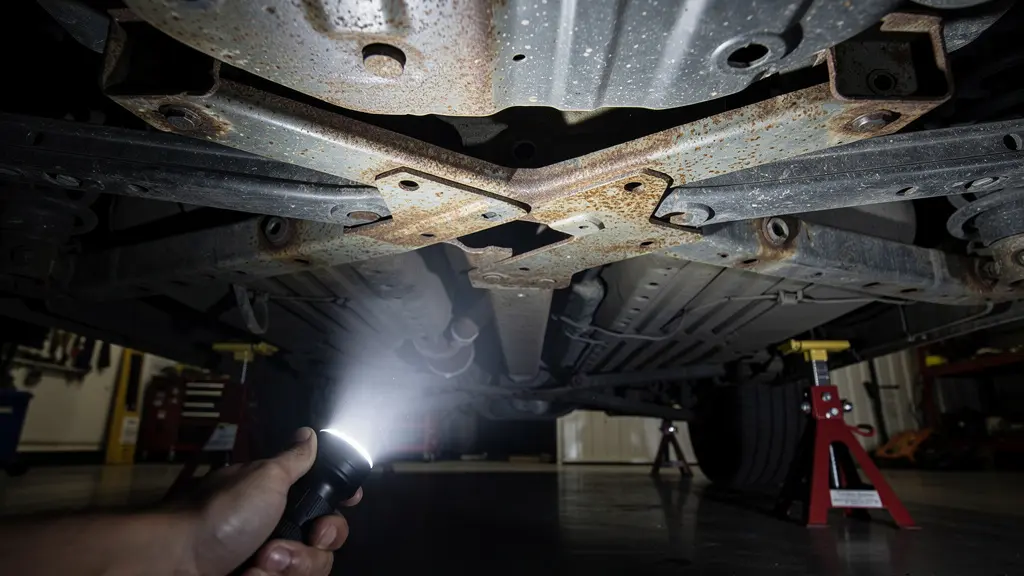 Inspection du châssis d'une voiture d'occasion avec une lampe torche sous le véhicule