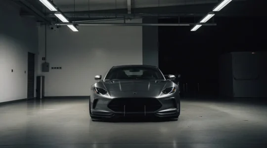 Vue cinématique d'une voiture de luxe dans un garage sombre, suggérant une inspection technique ou un secret caché, sans texte ni logos visibles.