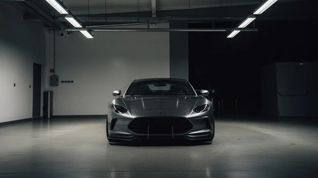 Vue cinématique d'une voiture de luxe dans un garage sombre, suggérant une inspection technique ou un secret caché, sans texte ni logos visibles.