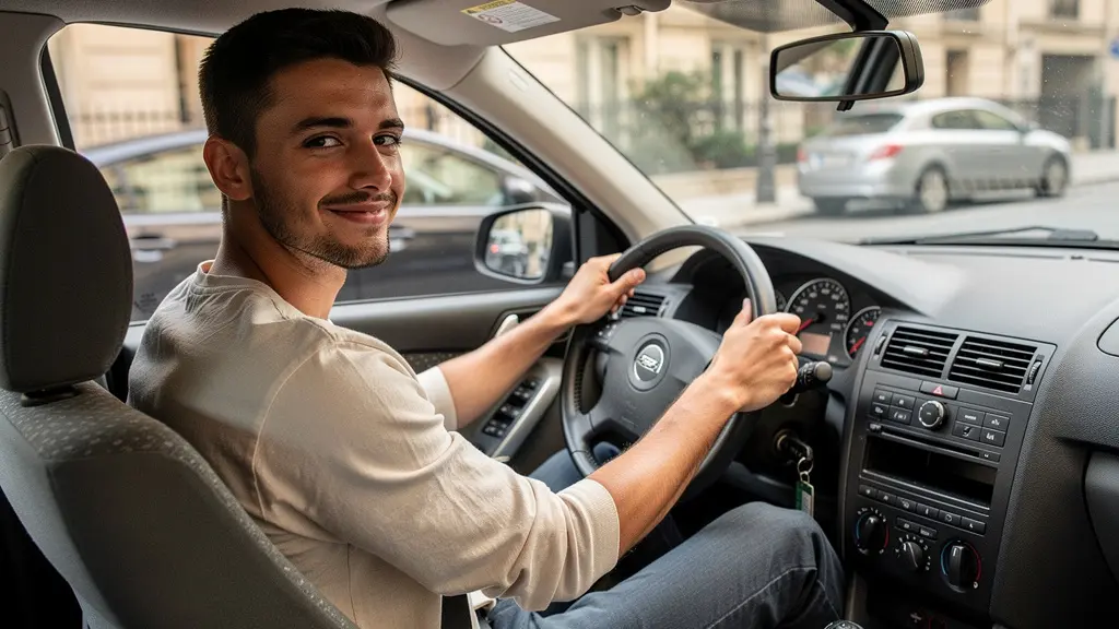 Jeune conducteur français au volant de sa voiture d'occasion
