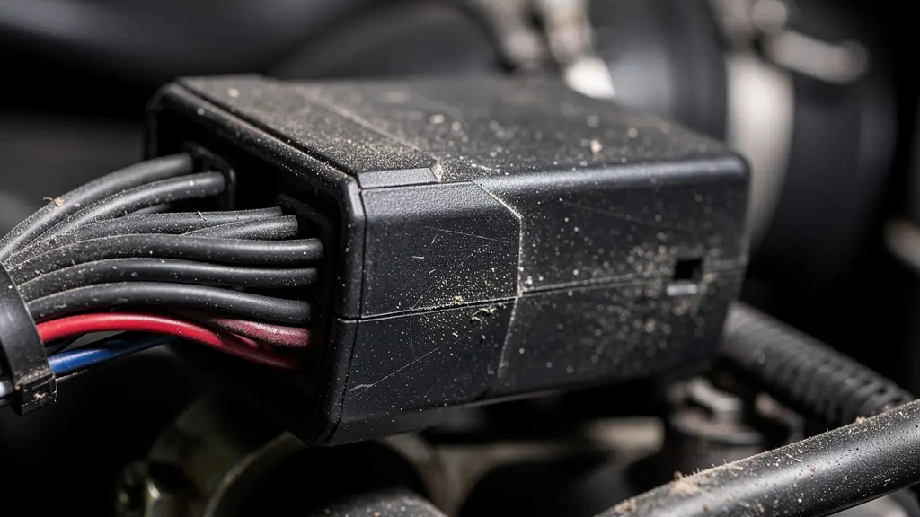 Plan macro très détaillé d'un connecteur électronique automobile et d'une puce de circuit imprimé sombre, symbolisant une modification cachée.