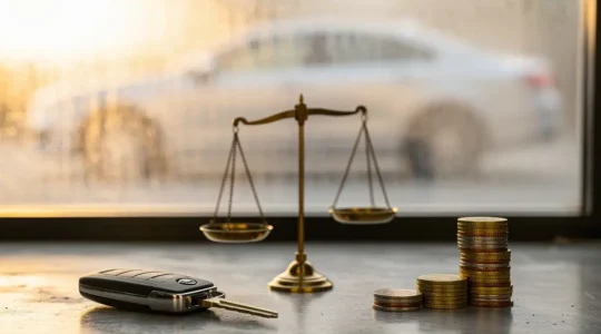 Balance symbolique entre une clé de voiture et des pièces de monnaie, illustrant le calcul du moment optimal de revente automobile