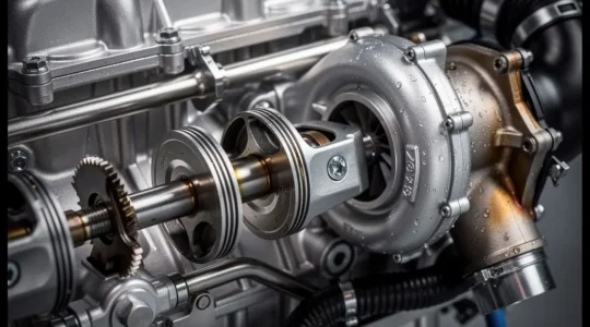 Vue détaillée d'un moteur turbo moderne avec composants mécaniques visibles dans un environnement d'atelier professionnel