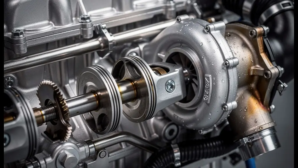 Vue détaillée d'un moteur turbo moderne avec composants mécaniques visibles dans un environnement d'atelier professionnel