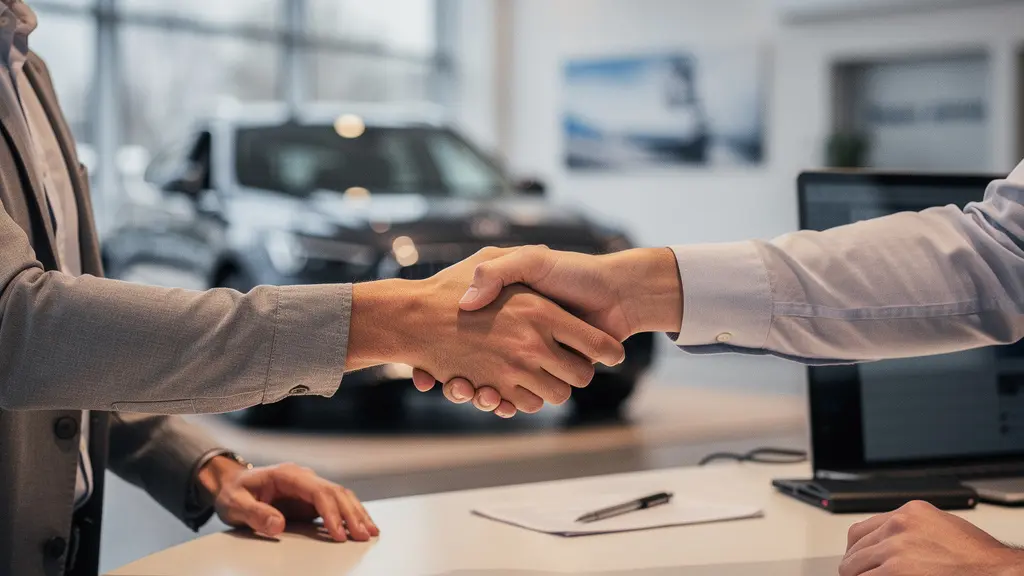 Scène de négociation automobile entre un acheteur confiant et un vendeur en concession, capturant la tension psychologique du moment