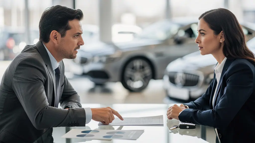 Négociation entre acheteur et vendeur chez un concessionnaire automobile