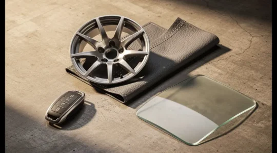 Clé de voiture posée à côté de jantes en alliage brillantes et d'un intérieur cuir soigné, symbolisant la valeur des options automobiles à la revente