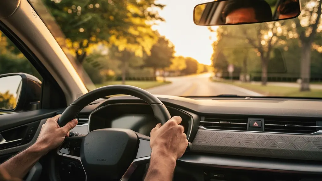 Route sinueuse baignée par une lumière rasante de fin d'après-midi, idéale pour un essai routier mettant en valeur les lignes d'un véhicule
