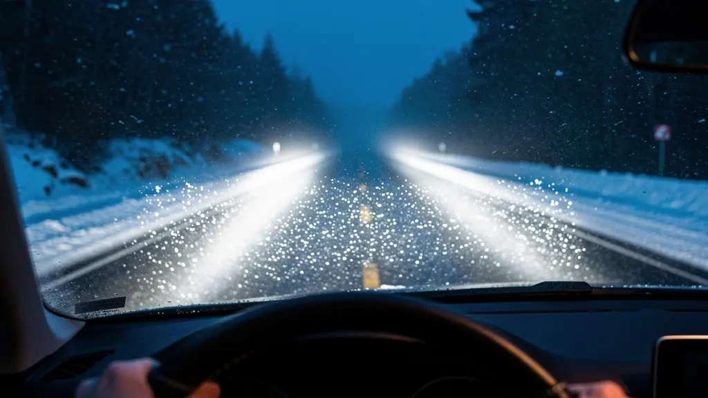 Faisceau lumineux de phares LED modernes perçant la nuit hivernale sur une route enneigée, illustrant l'importance de l'éclairage comme équipement de sécurité valorisé à la revente