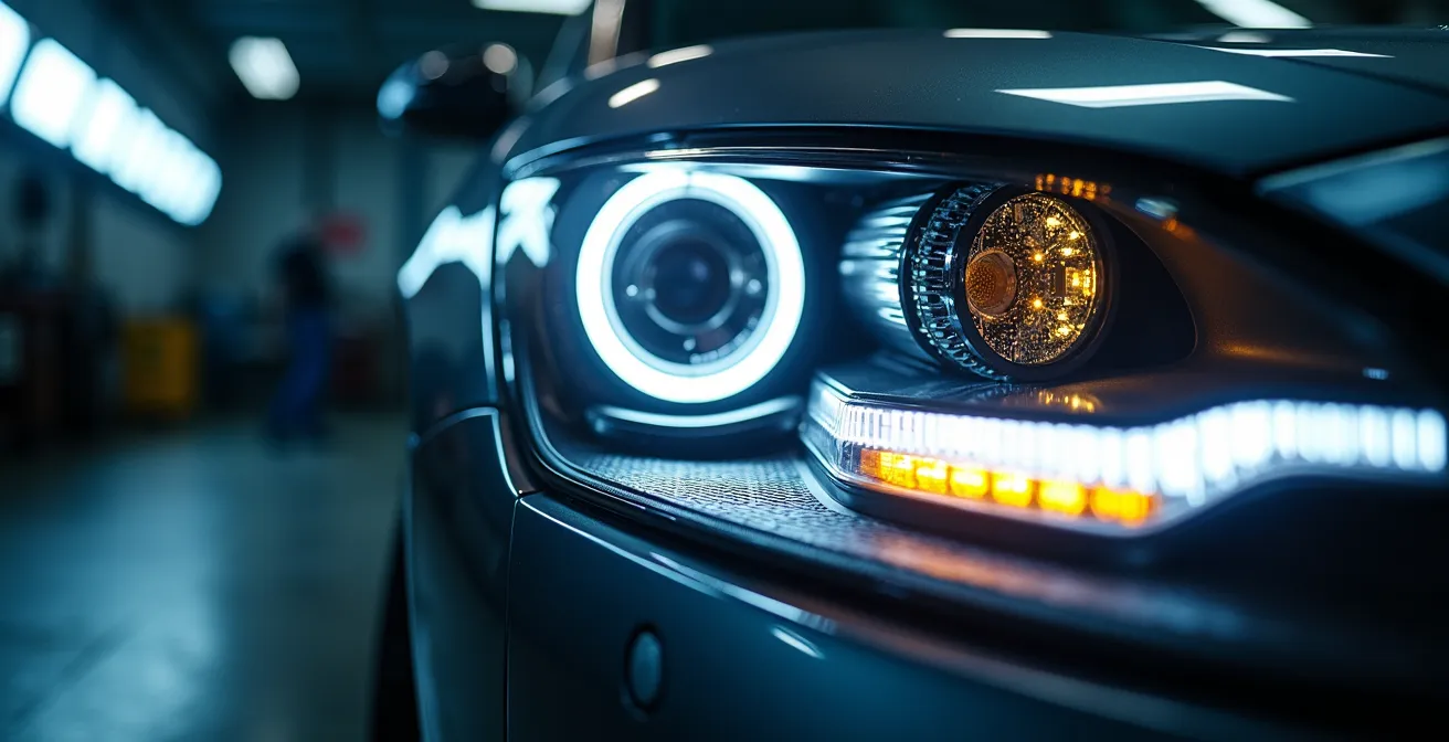 Gros plan sur des composants électroniques automobiles coûteux avec effet de profondeur de champ