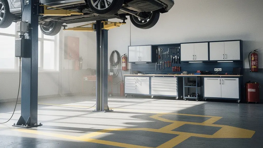 Vue en contre-plongée d'un atelier automobile professionnel avec pont élévateur en action dans un espace optimisé