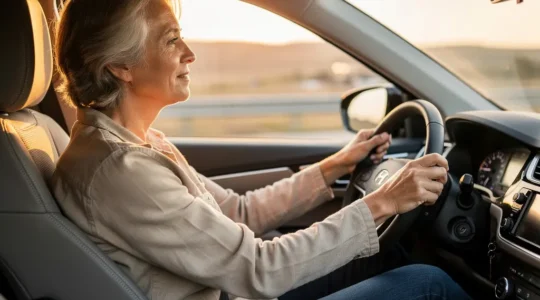 Vue latérale d'un conducteur senior installé confortablement dans un SUV avec position haute