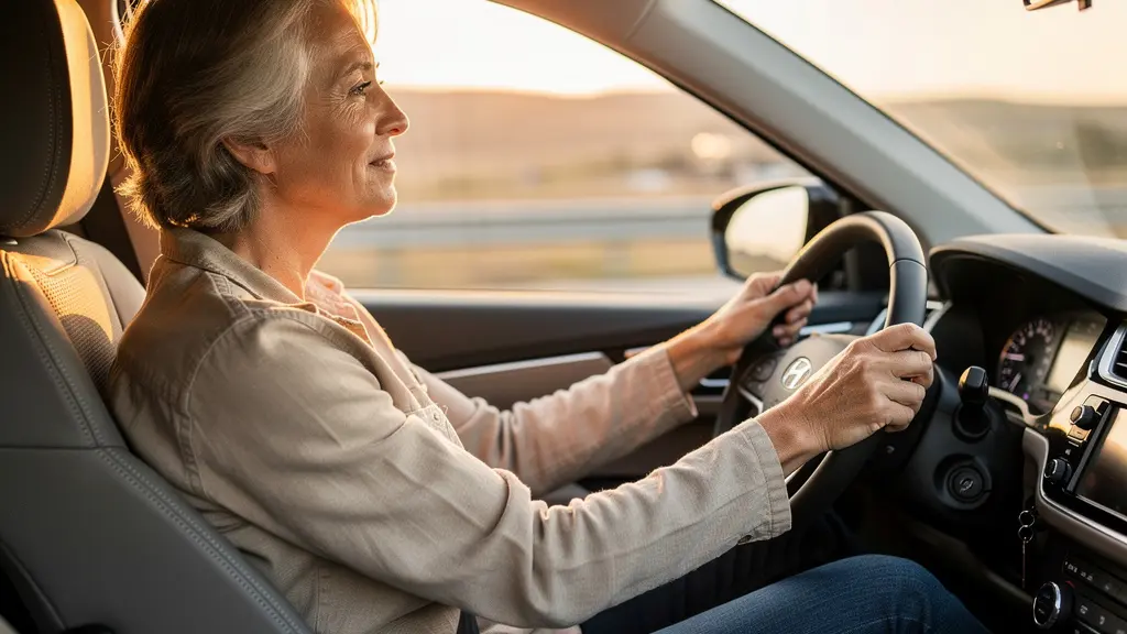 Vue latérale d'un conducteur senior installé confortablement dans un SUV avec position haute