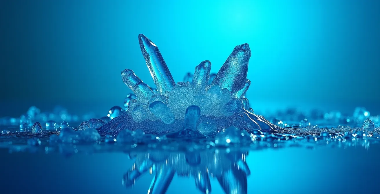 Vue microscopique de cristaux d'urée en formation dans un liquide bleu