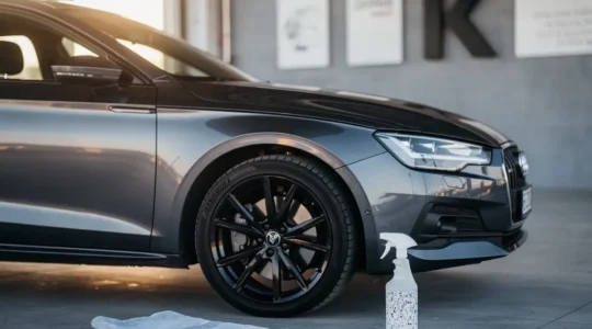 Véhicule d'occasion soigneusement préparé pour la vente, carrosserie brillante sous lumière naturelle douce, illustrant le résultat d'un reconditionnement réussi