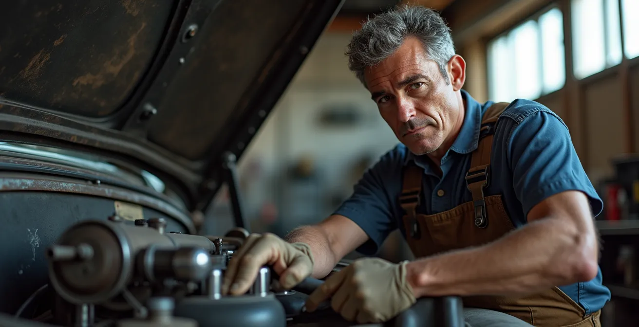 Mécanicien travaillant sous le capot d'une voiture ancienne en cours de conversion électrique