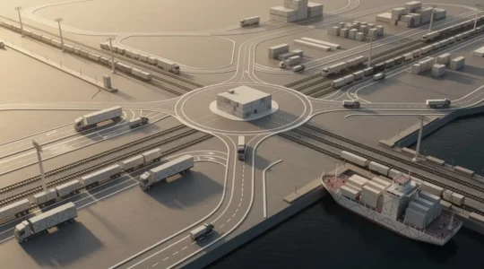 Vue aérienne d'un réseau de transport logistique interconnecté montrant plusieurs modes de transport