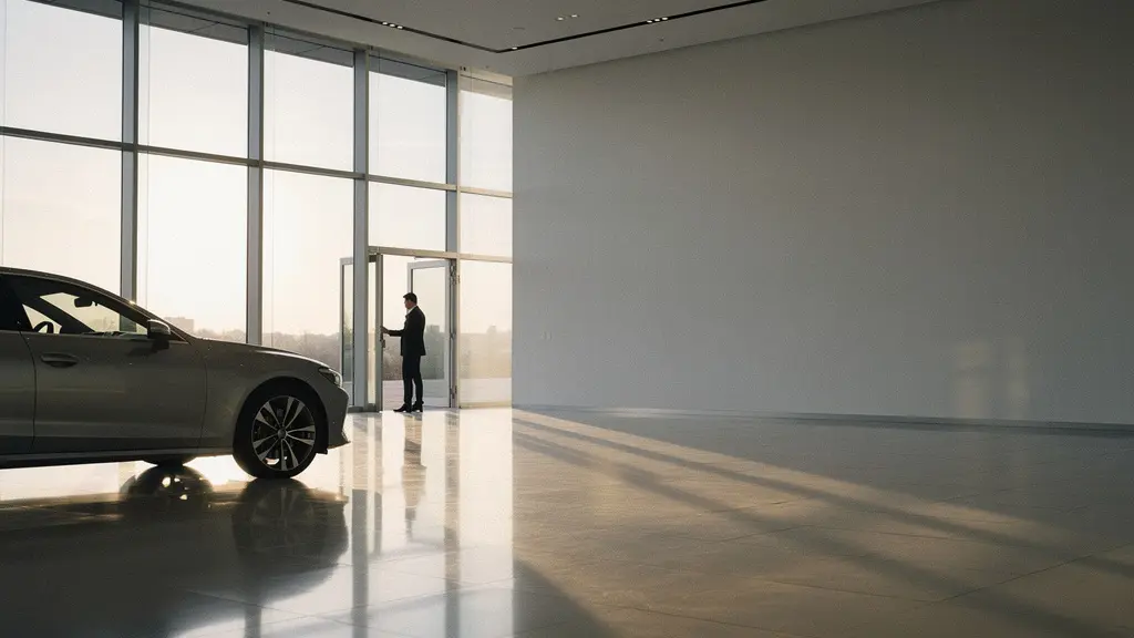 Vue large d’un showroom automobile presque vide en fin de journée, suggérant l’urgence commerciale de fin de mois sans montrer de texte.