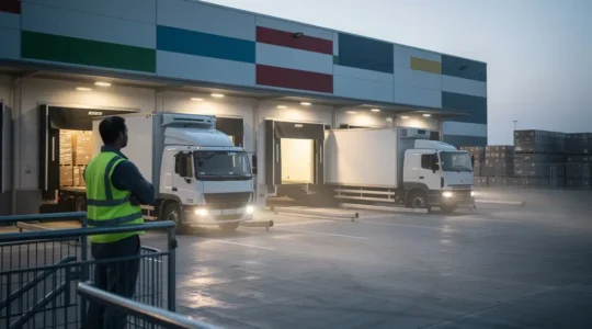 Vue panoramique d'un quai logistique avec des semi-remorques en cours de chargement, symbolisant le contrôle qualité dans la sous-traitance transport