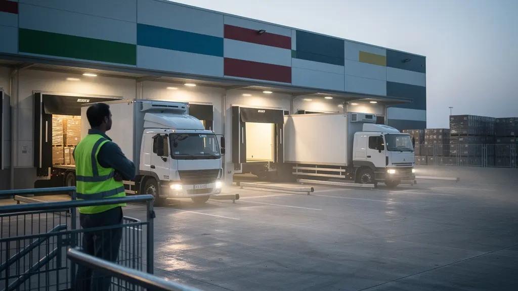 Vue panoramique d'un quai logistique avec des semi-remorques en cours de chargement, symbolisant le contrôle qualité dans la sous-traitance transport