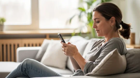 Souscription assurance auto en ligne depuis un smartphone dans un salon moderne