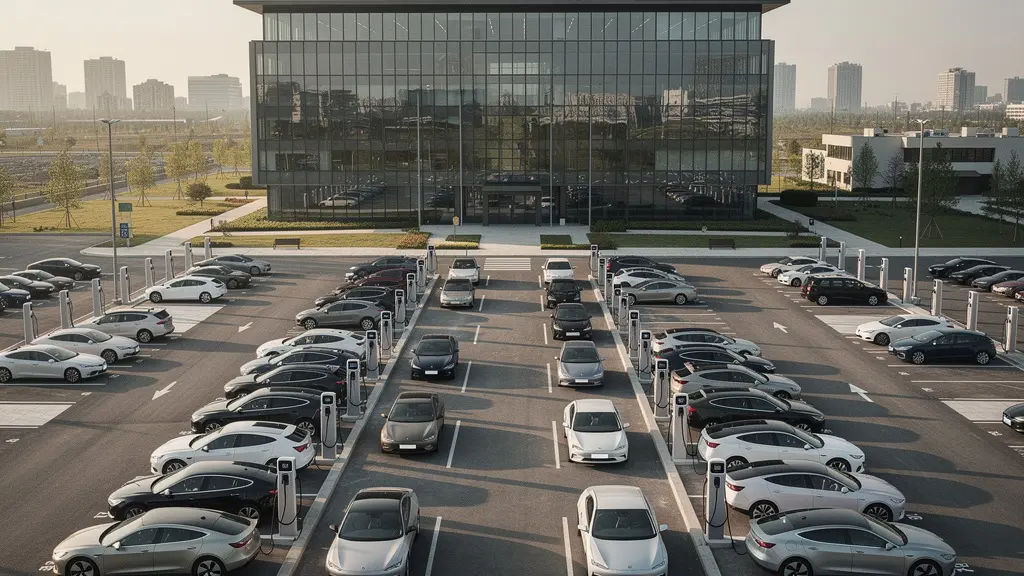 Vue aérienne d'une flotte de véhicules hybrides et électriques alignés dans une cour d'entreprise moderne avec des bornes de recharge visibles