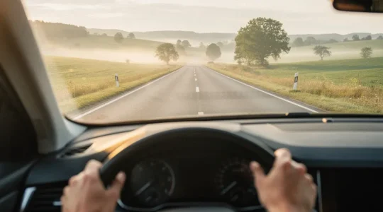 Mains d'un conducteur sur un volant avec un paysage routier flou à travers le pare-brise, évoquant une conduite sereine et anticipative pour économiser du carburant