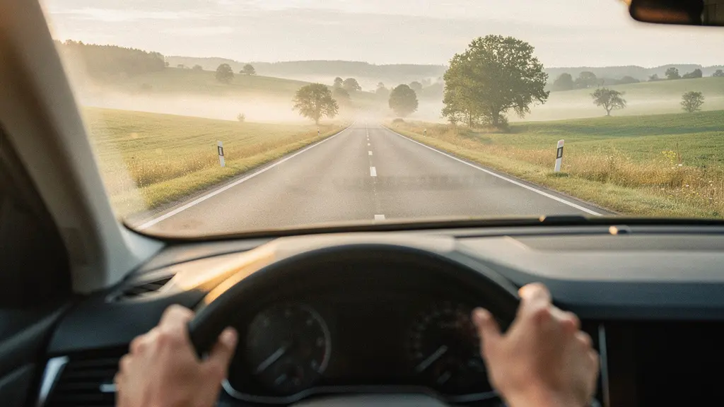 Mains d'un conducteur sur un volant avec un paysage routier flou à travers le pare-brise, évoquant une conduite sereine et anticipative pour économiser du carburant