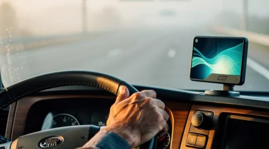 Main de chauffeur posée sur un volant de camion avec un boîtier télématique lumineux intégré au tableau de bord, lumière naturelle du matin filtrant par le pare-brise