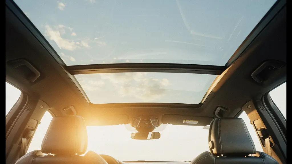 Rayon de lumière naturelle traversant un toit panoramique ouvert et illuminant un intérieur automobile en cuir, suggérant la valeur perçue par les acheteurs d'occasion