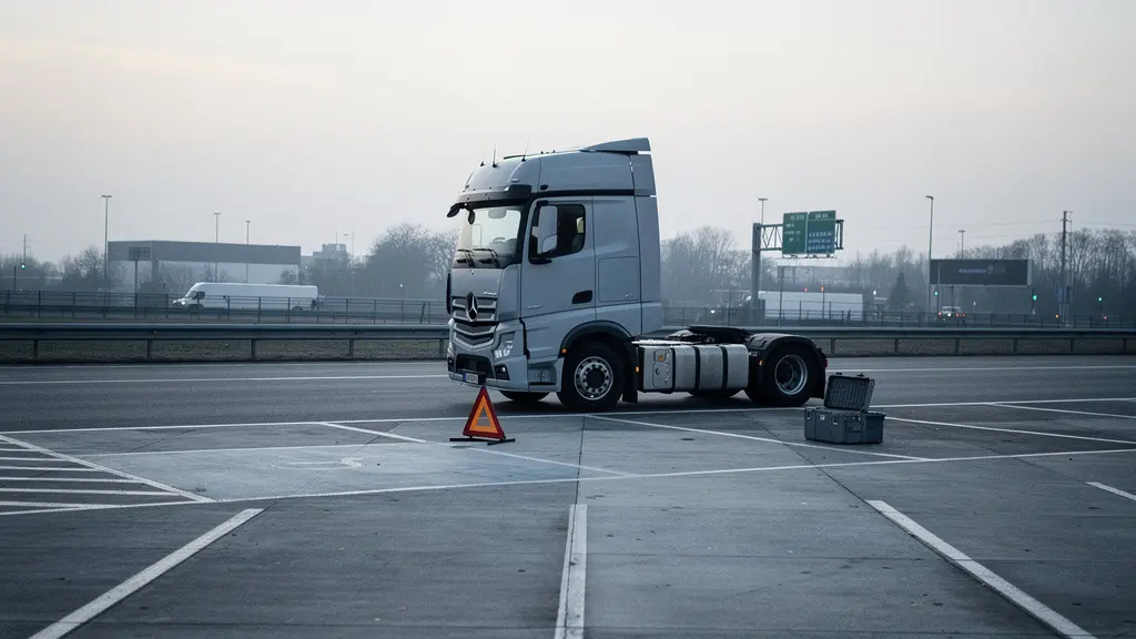 Un tracteur routier immobile au bord d’une aire de repos au petit matin, avec de grands espaces vides autour, illustrant l’impact d’une immobilisation imprévue sans aucun panneau lisible.