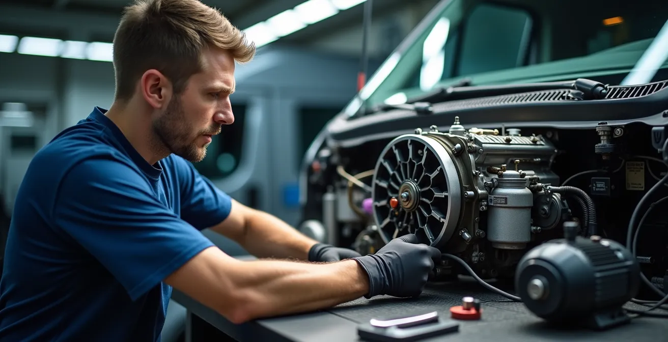 Atelier de rétrofit montrant un utilitaire en cours de transformation électrique