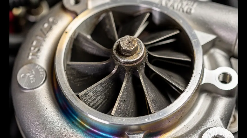 Vue macro d'un turbocompresseur avec traces d'usure et résidus de suie