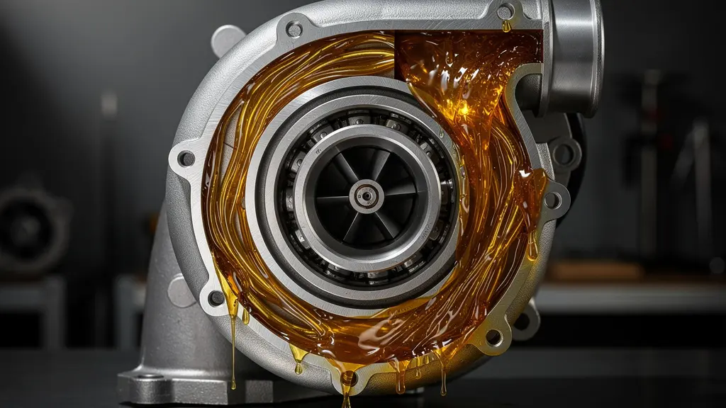 Coupe transversale d'un turbocompresseur montrant les paliers et le circuit d'huile avec effet de viscosité à froid