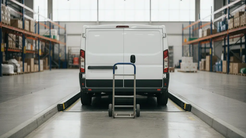 Vue d'un utilitaire aligné parfaitement avec un quai de chargement grâce à sa suspension pneumatique maintenant une hauteur constante