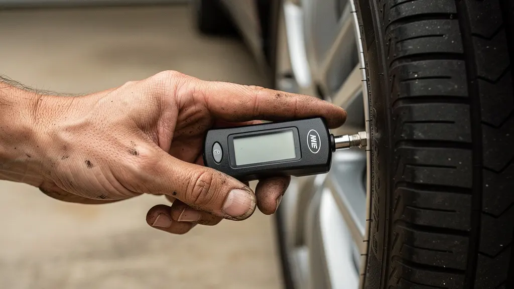 Vue rapprochée d'une valve de pneu automobile avec un manomètre numérique mesurant la pression, symbolisant l'importance du contrôle mensuel du gonflage