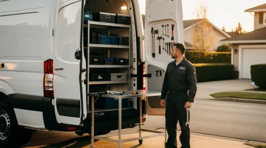 Vue panoramique d'un fourgon aménagé en atelier mobile de dépannage automobile avec équipements professionnels