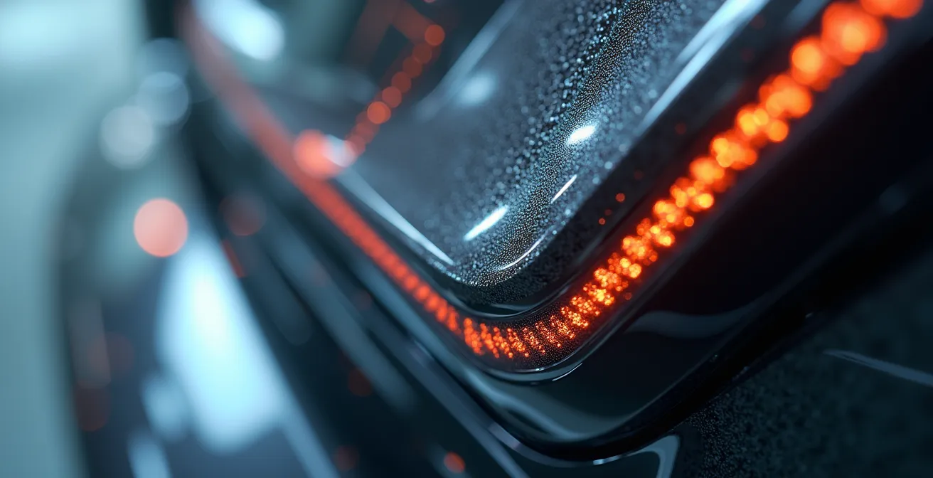 Détail macro d'un capteur ADAS intégré dans la carrosserie d'un véhicule moderne