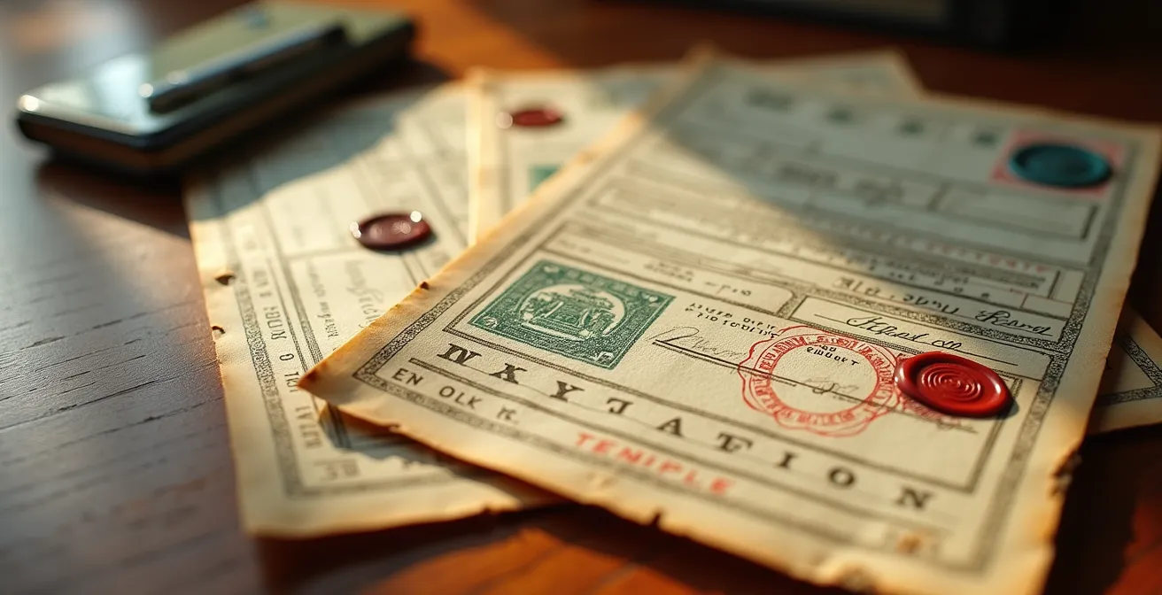Vue macro de documents administratifs et attestation FFVE pour voiture de collection