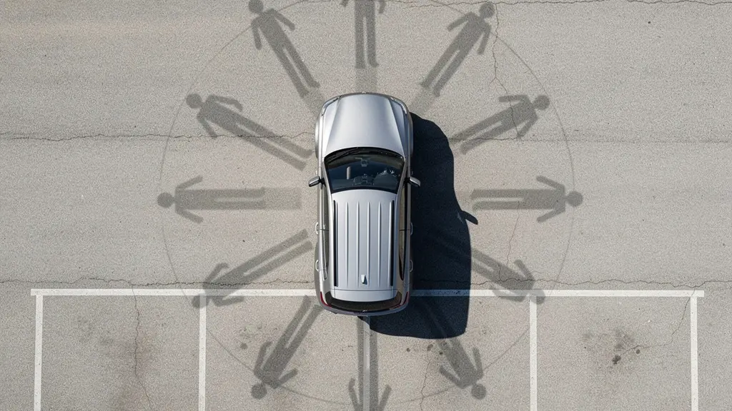 Vue aérienne montrant la zone aveugle devant un SUV avec silhouettes d'enfants
