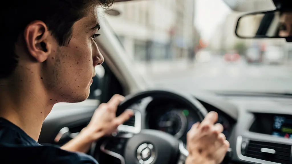 Jeune conducteur concentré au volant, vue depuis le siège passager