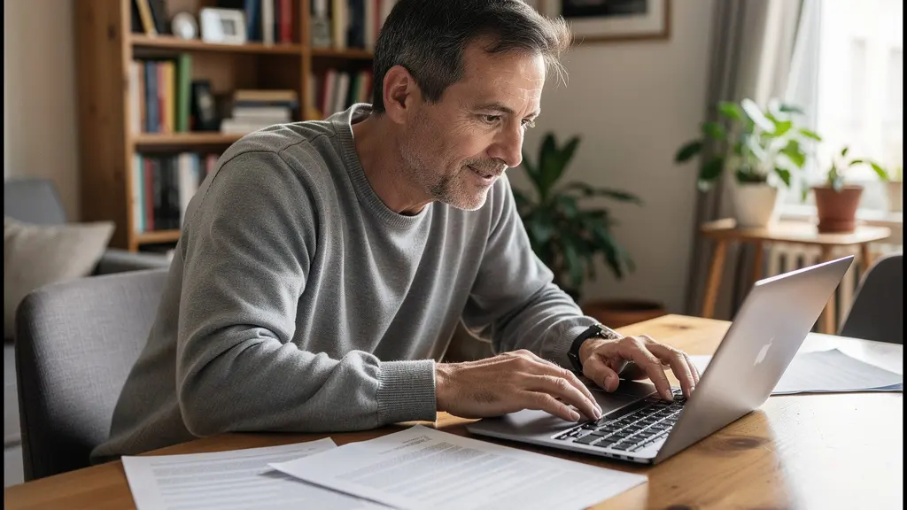 Adulte consultant des documents d'assurance posés sur une table de salon